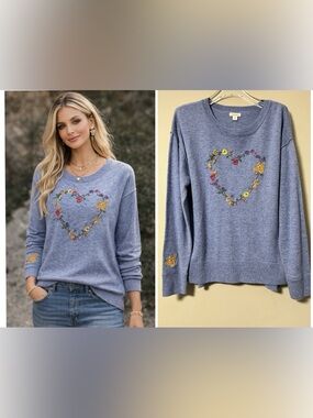 Sundance Catalog Blue Embroidered  “Blooming Love Sweater” Size Large